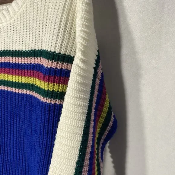 TRUE CRAFT white blue multicolor stripe color block crew neck pullover sweater M - Picture 6 of 11